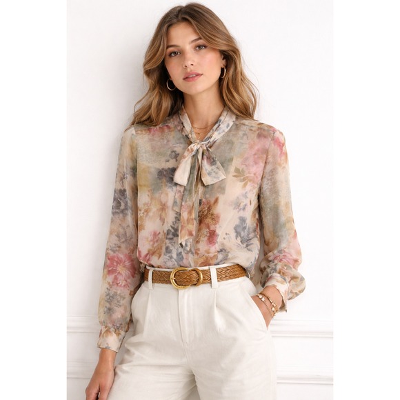 Deane Tops - Deane Mel Tie Neck Sheer Blouse Women Small Petite Off-White Floral NWT